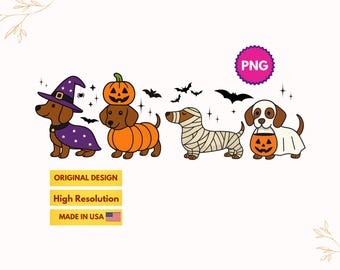 Halloween Dachshund PNG, Trick or Treat Dachshund PNG, Witch Pumpkin Mummy Ghost Dog PNG, Weenie Dog Png, Spooky Season Dog Png