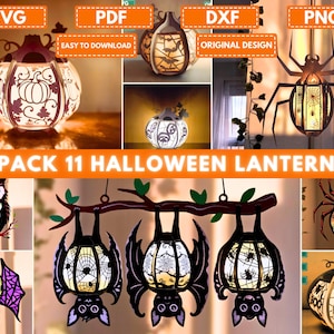 Paket med 11 Halloween-lyktor SVG, pumpa, fladdermus, uggla, häxa, spindel pappersmallar DIY-lykta, skuggboxlampa SVG-paket