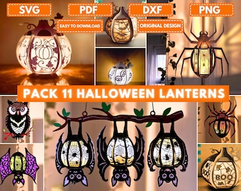 Pack 11 Halloween Lanterns SVG, Pumpkin, Bat, Owl, Witch, Spider Paper Templates DIY Lantern, Shadowbox Lamp SVG Bundle