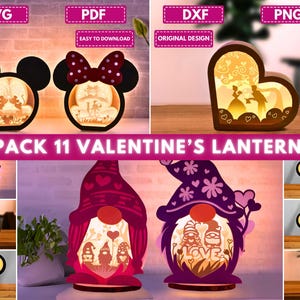 May include: A selection of illuminated Valentine's Day lanterns in diverse shapes, such as Mickey Mouse, Minnie Mouse, gnomes, and a heart. The lanterns feature detailed cut-out designs. The text "PACK 11 VALENTINE'S LANTERNS" is visible.
