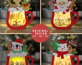Pack 4 Hot Cocoa Shadow Box SVG - Santa Claus, Snowman, Penguin, Ginger Pie, DIY Lightbox Christmas Ornaments - Xmas Paper Cutting Template