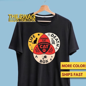 Op de afbeelding: Zwart T-shirt met een Venn-diagramontwerp met de woorden "Leven", "Dood" en "Box". Het diagram bevat kattenillustraties en de tekst "Schrödinger's Cat". Het shirt heeft ook de tekst "The Swag Illustration".