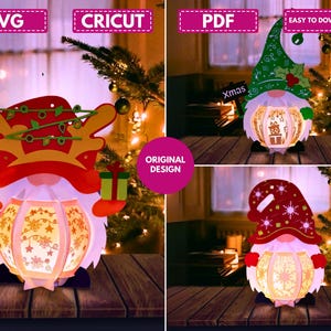 May include: A collection of Christmas-themed paper lanterns in various gnome and reindeer designs. Each lantern has a glowing interior, with cut-out patterns of stars and snowflakes. The lanterns are displayed on a wooden surface with a Christmas tree in the background.