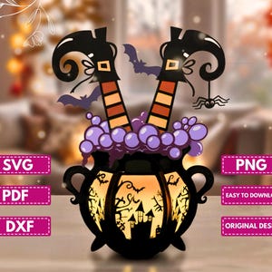 Puede incluir: Un caldero negro de Halloween con piernas de bruja, burbujas moradas y una silueta de castillo espeluznante. El caldero tiene asas y está decorado con murciélagos y una araña. La imagen incluye el texto "SVG", "PDF", "DXF", "PNG", "EASY TO DOWNLOAD" y "ORIGINAL DESIGN".