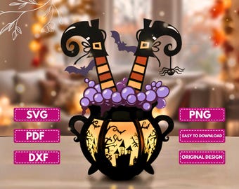 May include: A black Halloween cauldron with witch legs, purple bubbles, and a spooky castle silhouette. The cauldron has handles and is decorated with bats and a spider. The image includes the text "SVG", "PDF", "DXF", "PNG", "EASY TO DOWNLOAD", and "ORIGINAL DESIGN".
