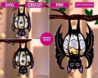 3 Bats Lantern Template SVG - Bat Lantern SVG - Diy Lamp Halloween Lantern Paper Cut - Bat Paper Lantern for Halloween Decoration File