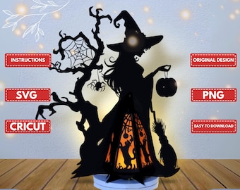 Halloween Witch Tree Lantern SVG Templates for Cricut Project, ScanNcut, Cameo - Paper Cutting DIY Halloween Witch Lantern Decorations