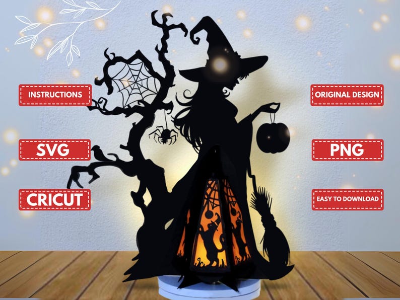 Halloween Witch Tree Lantern SVG Templates for Cricut Project, ScanNcut, Cameo - Paper Cutting DIY Halloween Witch Lantern Decorations