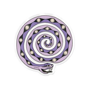 May include: A sticker depicting a purple snake in a spiral design. The snake has black and white detailing and a threatening expression. The sticker is set against a white background, suitable for various applications.