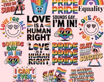 May include: A collection of colorful Pride-themed graphics. Designs include rainbow flags, text that says "Pride", "Love is a Human Right", and smiley faces. The image has a pink background.