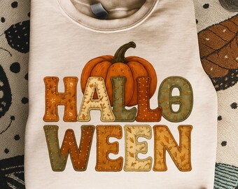 Rustic Patchwork Halloween PNG: Pumpkin Letters, Cozy Fall Design (Digital Download)