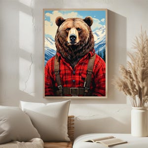Rustic Bear Wall Art, Funny Bear Portrait, Oil Painting Animal Portrait, Printable Bear in Plaid Poster, Cozy Wildlife Decor, Bear PDF