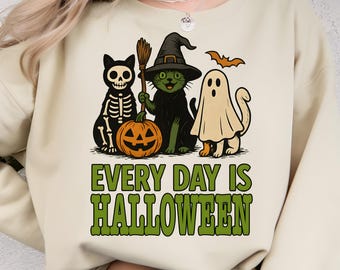 Funny Halloween Cats PNG, Witch Ghost Skeleton, Retro Sublimation (Digital Download)