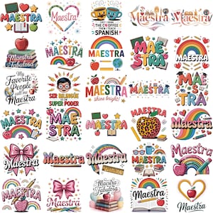 30 MAESTRA PNG-Designs, Lateinische Lehrer-Sublimationspaket, Spanische Lehrer-Clipart-Bündel, Regenbogen Maestra PNGs, Zurück zu Schule Png