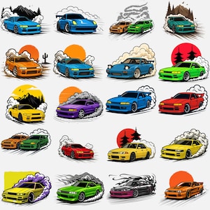 Pakiet samochodów JDM, Japońskie samochody do driftu Png, Projekt samochodu do driftu Png, Pakiet samochodów japońskich retro, Ilustracje samochodów do driftu na koszulki Sublimacja