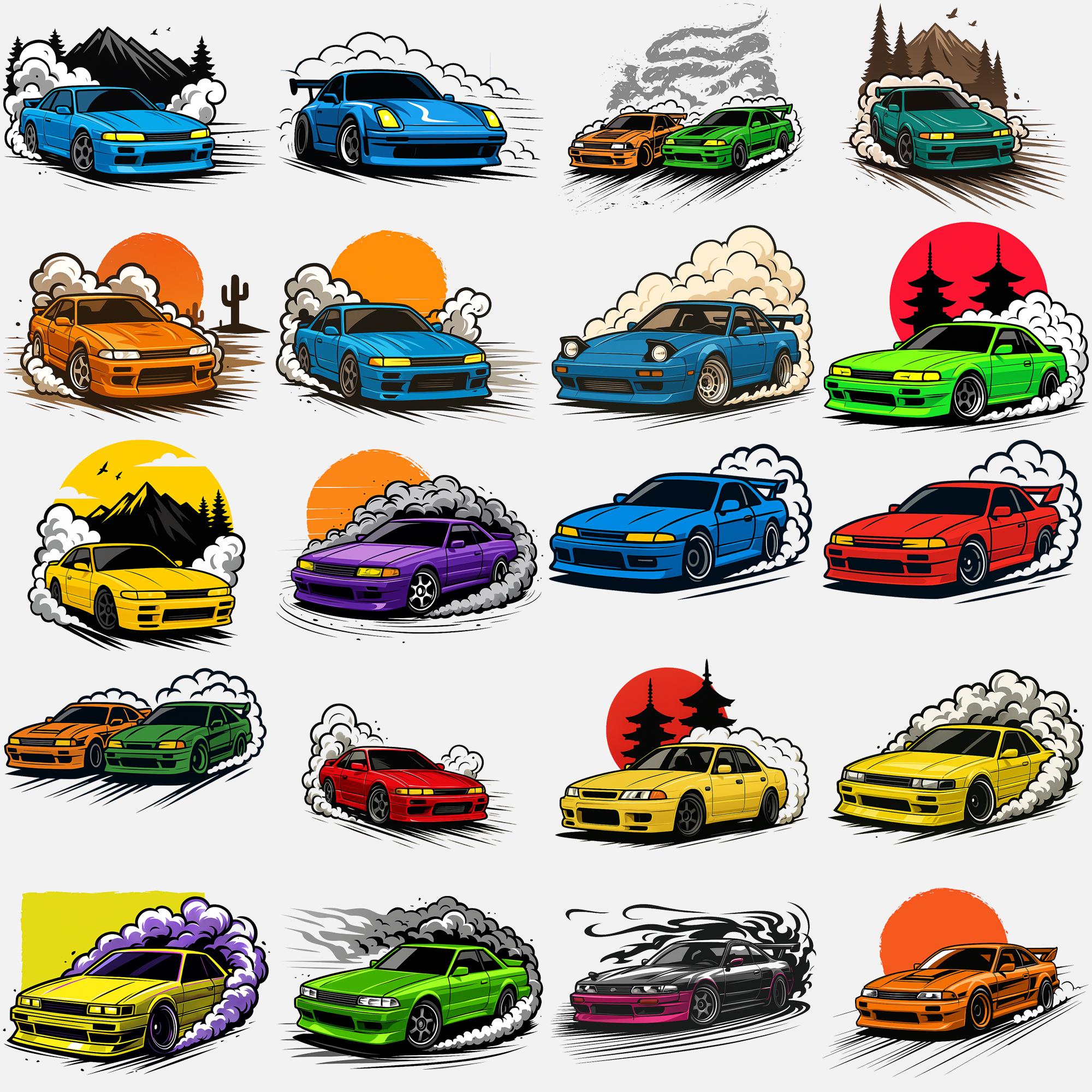 JDM Car Bundle, japanische Drift Cars Png, Drift Car Design Png, Retro japanisches Auto Bundle, Drift Car Illustrationen für T-Shirts Sublimation