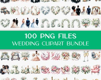 Wedding Clipart Bundle, 100 PNG Boho Watercolor Bridal Clip Art, Bride Groom Floral PNG, Watercolor Wedding PNG, Wedding Elements Icons