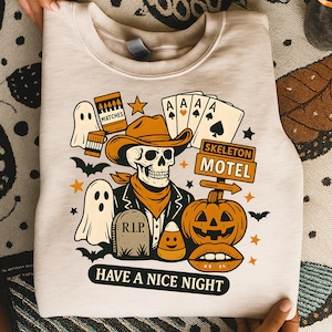 Retro Skeleton Motel PNG, Halloween Cowboy Png, Spooky Western Sublimation, Pumpkin Ghost Clipart, Vintage Motel Png, Trendy Halloween Png