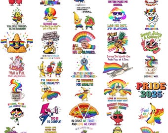 May include: A collection of colorful Pride-themed graphics with various slogans and illustrations. Designs include fruits, animals, and rainbows, with phrases like "Cherry Sweet, Cherry Gay!" and "Pride 2025".