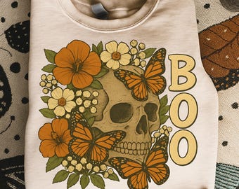 Skull Floral PNG: Vintage Halloween Monarch Butterfly Design (Digital Download