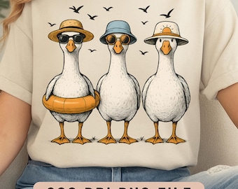 Summer Goose Trio PNG, Vintage Hand-Drawn Beach Geese (Digital Download)
