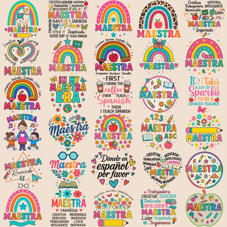 Colorful Maestra-themed PNG bundle with rainbows, Spanish teacher quotes, and cute classroom graphics
