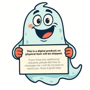 Puede incluir: Un personaje de dibujos animados con forma de fantasma azul claro, sonriendo y sosteniendo un letrero. El letrero dice: "Este es un producto digital; no se enviar&aacute; ning&uacute;n art&iacute;culo f&iacute;sico". El texto tambi&eacute;n invita a hacer peticiones.