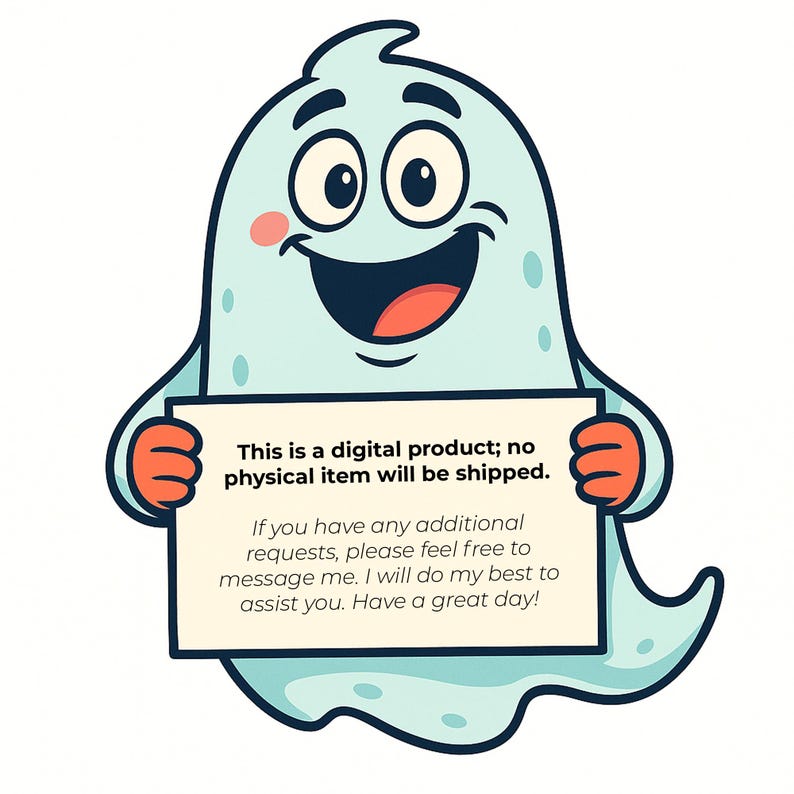 Puede incluir: Un personaje de dibujos animados con forma de fantasma azul claro, sonriendo y sosteniendo un letrero. El letrero dice: "Este es un producto digital; no se enviar&aacute; ning&uacute;n art&iacute;culo f&iacute;sico". El texto tambi&eacute;n invita a hacer peticiones.