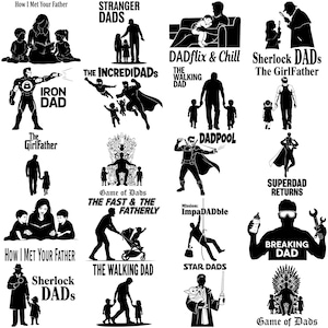 Może przedstawiać: Kolekcja czarno-białych grafik przedstawiających sylwetki ojców z dziećmi. Projekty zawierają teksty takie jak "Stranger Dads", "Iron Dad" i "Breaking Dad". Ogólny motyw dotyczy Dnia Ojca.