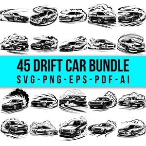 Può includere: Illustrazioni in bianco e nero di auto da drift in varie pose, con effetti fumo. L'immagine include il testo "45 DRIFT CAR BUNDLE" e le opzioni di file SVG, PNG, EPS, PDF e AI.