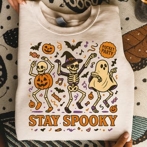 Skeleton Halloween Png, Halloween PNG, spooky dancing skeleton ghost pumpkin design, stay spooky clipart for sublimation, Spooky Png