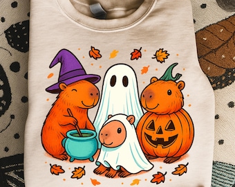 Halloween Capybara Clipart, Geister und Kürbisse, trendige PNG (digitaler Download)
