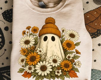 Floral Halloween Ghost PNG, Autumn Flowers, Spooky Season (Digital Download)