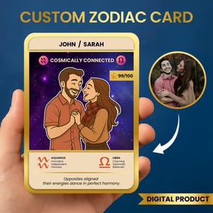 Aangepaste kaart zodiac paar, gepersonaliseerd horoscoopportret, astrologiecadeau voor hem haar, gepersonaliseerde verjaardagscadeaus, cadeau voor stel