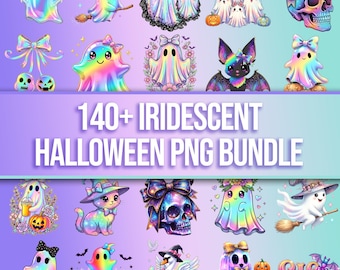 Iridescent Halloween PNG Bundle, Spooky Ghosts, Coquette Skulls (Digital Download)
