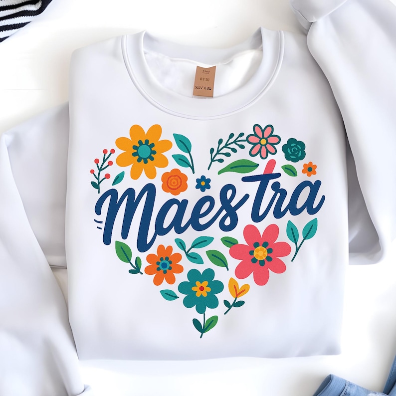 Puede incluir: Sudadera blanca con un dise&ntilde;o floral en forma de coraz&oacute;n. El coraz&oacute;n est&aacute; lleno de flores coloridas y hojas verdes, con la palabra "Maestra" en azul. Las flores son en tonos naranja, rosa y turquesa.
