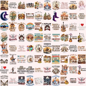 Pacote de música country em PNG, mais de 80 designs de sublimação western, png de cowboy cowgirl, design de camiseta country, png de sublimação de música country sulista