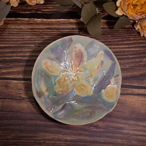 Handmade Ceramic Plate, Floral Design with Pastel Glaze, Unique Decorative Plate for Dinning Serving, and Home Decor, Elegant Gift Idea