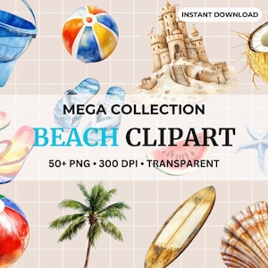 Coastal Seaside Clipart Watercolor Beach Clipart Bundle SVG PNG Summer Beach Sticker PNG Illustration