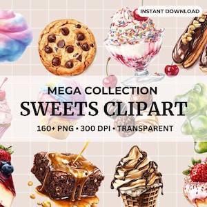 Watercolor Pastel Sweets Clipart Rainbow Sweet treats PNG Macarons Cupcakes Ice cream Gummy Bears Cakes Cotton Candy Floss Dessert Lollipop