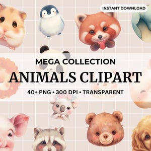 Mais de 40 lindos clipart de animais animados em aquarela, pacote de clipart de animais em aquarela, animais fofos ilustrados.