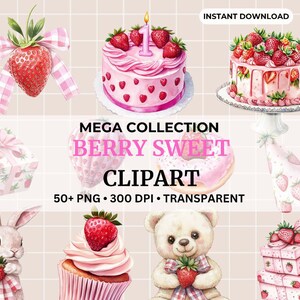 Beere süße Baby Dusche Clipart Bundle PNG Baby Dusche rosa Erdbeere Shortcake Clipart rosa Geburtstag Einladung Digital Printable Download