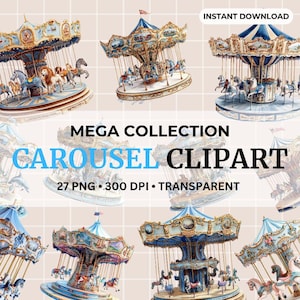 Blue Carousel Watercolor Clipart Carousel Horse Stickers PNG Carousel Clipart Vintage Carousel Digital Download Carnival Ride Art