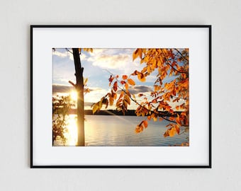 AUTUMN LAKESIDE | instant download, printable wall art, northern Michigan landscape, autumn sunrise, lakeside, modern photography, sunburst