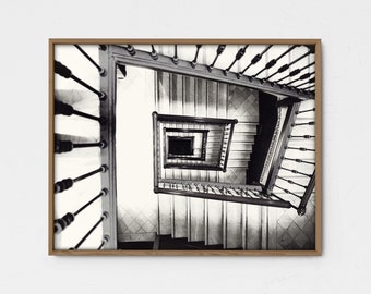 A SPIRAL DESCENT | instant download, printable wall art, black and white architecture, modern photography, dramatic staircase, high contrast