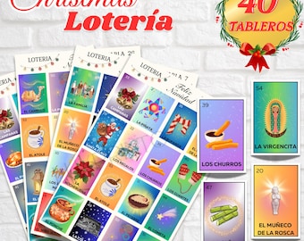 May include: A set of 40 Christmas Loteria game boards featuring colourful illustrations of traditional Mexican Christmas symbols. The boards are printed on white cardstock and include images such as the piñata, the nativity scene, and the rosca de reyes.