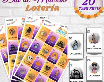 Könnte beinhalten: Eine Sammlung von Día de Muertos Loteria-Karten und Spielbrettern. Die Karten zeigen farbenfrohe Illustrationen traditioneller mexikanischer Bilder, darunter La Catrina, El Panteón und La Llorona. Der Text "Instant Download" ist sichtbar.