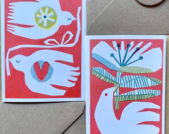 Lovebirds cards, Riso greeting cards, pack of two, Valentine’s Day card, dove print, papercut illustration