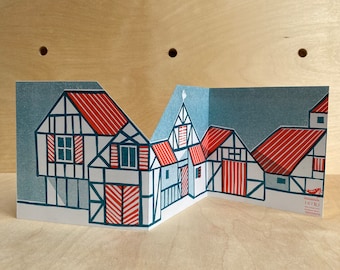 Winter houses card, modern minimal concertina Riso cards, Tudor houses