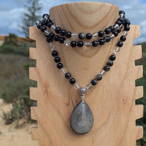 Japamala Noctéa in Silver Obsidian and Rock Crystal with Teardrop Pendant – Protection and Clarity – 108 Hand-Knotted Beads